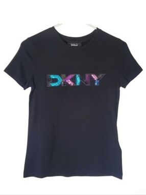 2057 * DKNY Sequin Logo Graphic Tee Black Pink Purple Size XXS NWT